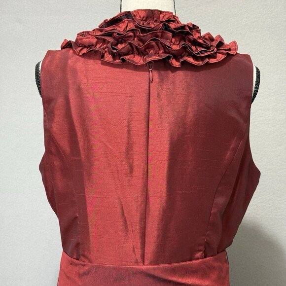 Jessica Howard Midi Party Dress Sz 12 Wine Taffeta Sleeveless Ruffle Fit & Flare - Picture 6 of 10